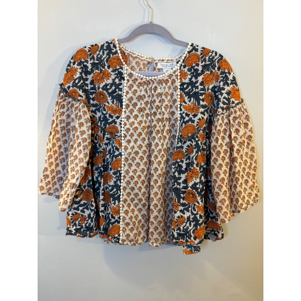 Rachel Zoe Green & Orange Block Print Floral Blouse M Cotton Boho